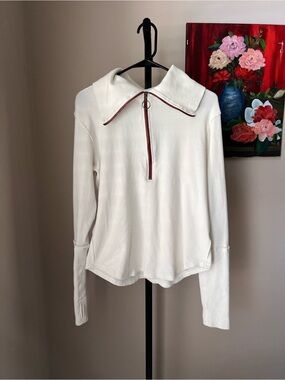 We the free fast lane Women's Cream Long-Sleeve Half-Zip Polo Top with Red Trim
